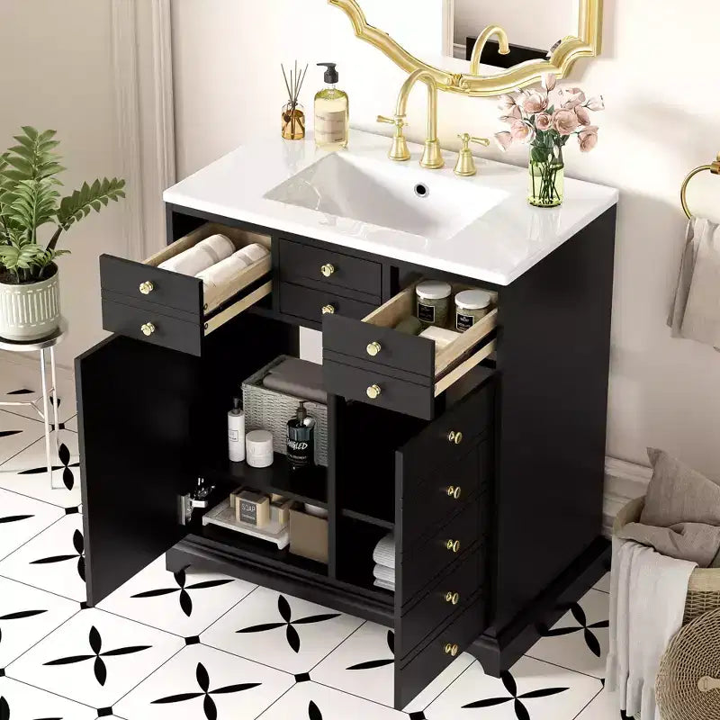 Mobile bagno nero da 30" con lavabo, 2 cassetti e ante con chiusura ammortizzata, 1 persona