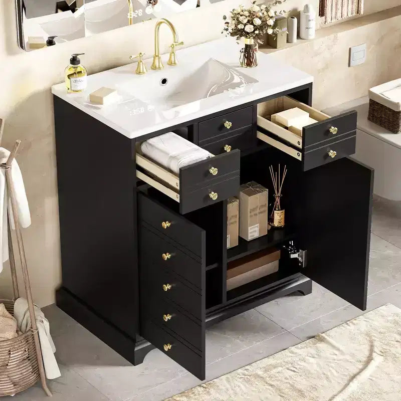 Mobile bagno nero da 30" con lavabo, 2 cassetti e ante con chiusura ammortizzata, 1 persona