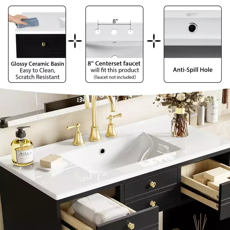 Mobile bagno nero da 30" con lavabo, 2 cassetti e ante con chiusura ammortizzata, 1 persona