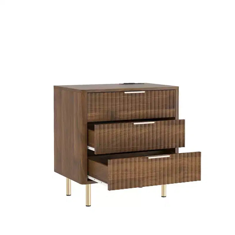 Marrone / Legno, comodino a 3 cassetti con luce vocale e stazione di ricarica, 1 persona