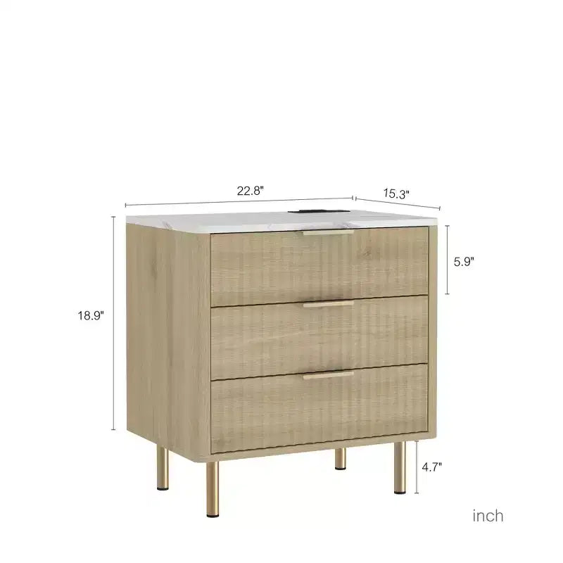 Marrone / Legno, comodino a 3 cassetti con luce vocale e stazione di ricarica, 1 persona