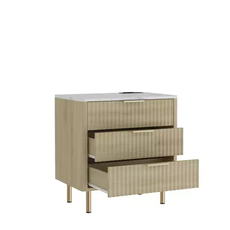 Marrone / Legno, comodino a 3 cassetti con luce vocale e stazione di ricarica, 1 persona