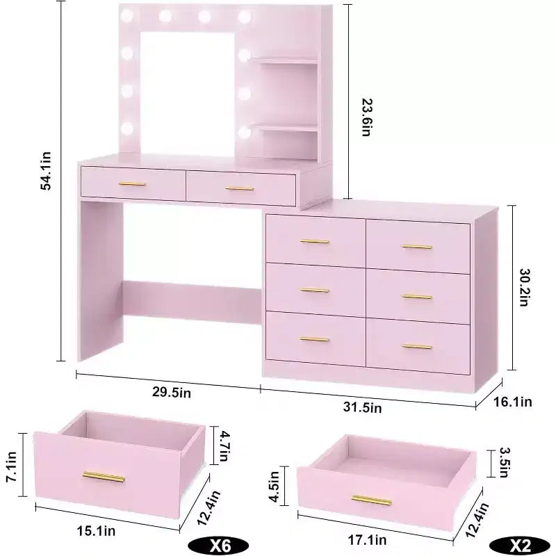 Toeletta Bianca / Nera / Rosa con Specchio e Luci, 8 Cassetti e 2 Ripiani, 3 Modalità di Illuminazione – 1 Persona