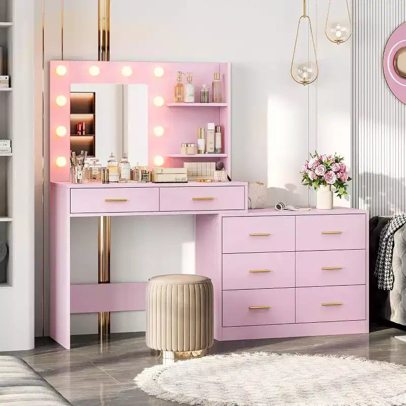 Toeletta Bianca / Nera / Rosa con Specchio e Luci, 8 Cassetti e 2 Ripiani, 3 Modalità di Illuminazione – 1 Persona