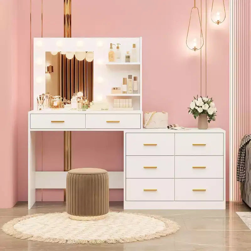 Toeletta Bianca / Nera / Rosa con Specchio e Luci, 8 Cassetti e 2 Ripiani, 3 Modalità di Illuminazione – 1 Persona
