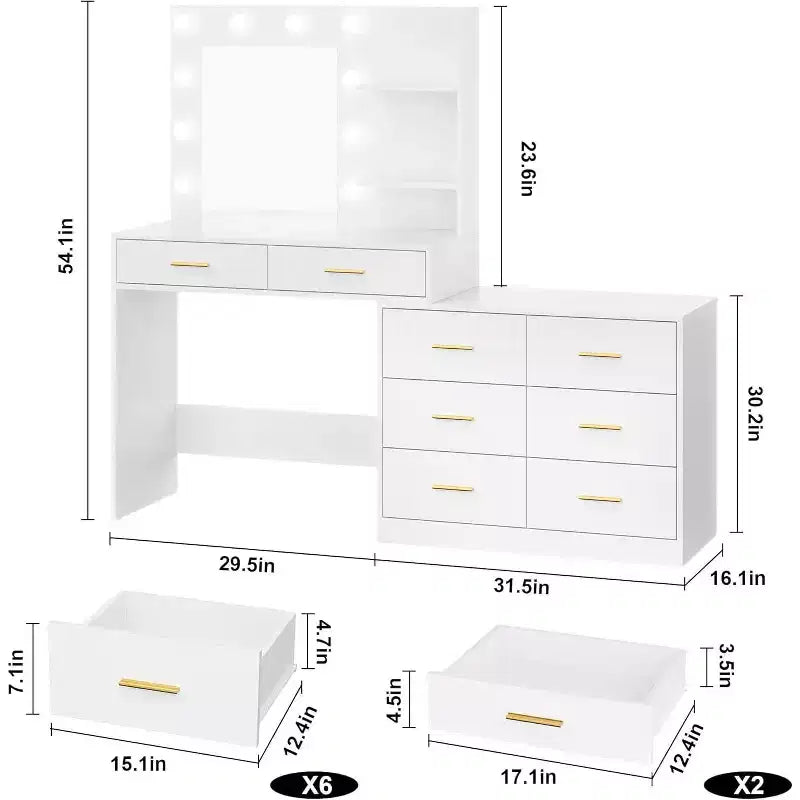 Toeletta Bianca / Nera / Rosa con Specchio e Luci, 8 Cassetti e 2 Ripiani, 3 Modalità di Illuminazione – 1 Persona