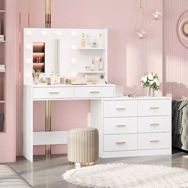 Toeletta Bianca / Nera / Rosa con Specchio e Luci, 8 Cassetti e 2 Ripiani, 3 Modalità di Illuminazione – 1 Persona