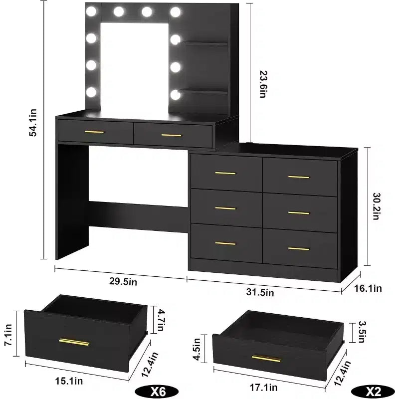 Toeletta Bianca / Nera / Rosa con Specchio e Luci, 8 Cassetti e 2 Ripiani, 3 Modalità di Illuminazione – 1 Persona
