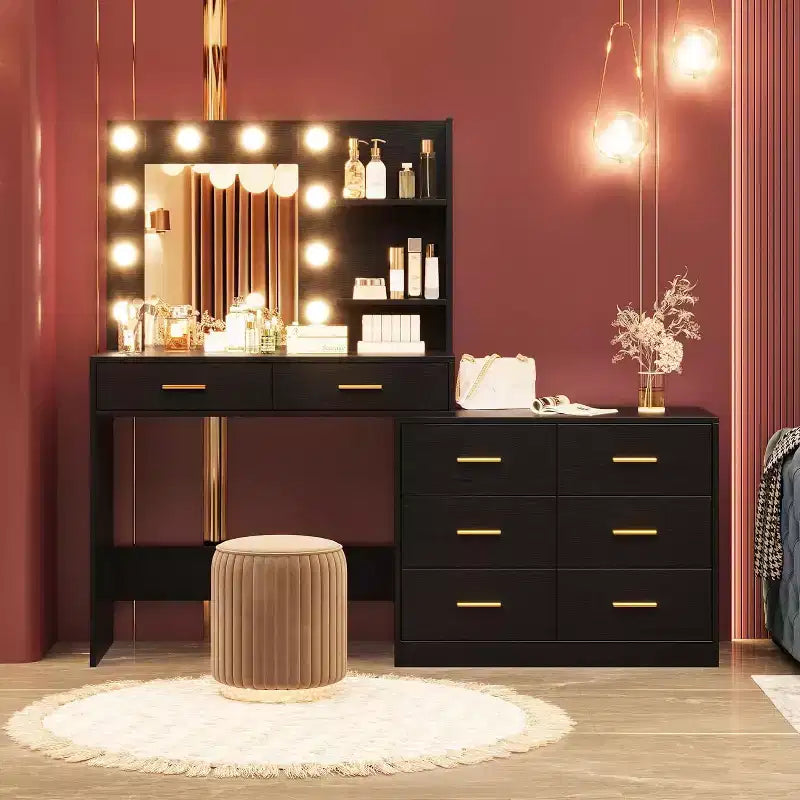 Toeletta Bianca / Nera / Rosa con Specchio e Luci, 8 Cassetti e 2 Ripiani, 3 Modalità di Illuminazione – 1 Persona