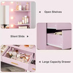 Toeletta Bianca / Nera / Rosa con Specchio e Luci, 8 Cassetti e 2 Ripiani, 3 Modalità di Illuminazione – 1 Persona