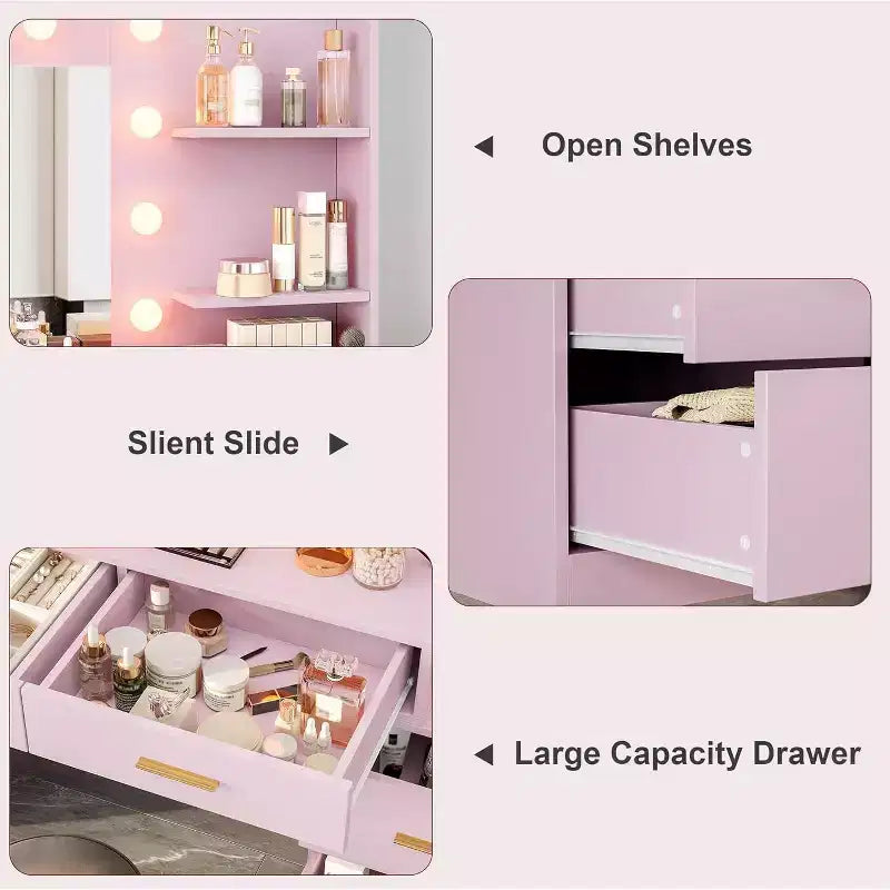 Toeletta Bianca / Nera / Rosa con Specchio e Luci, 8 Cassetti e 2 Ripiani, 3 Modalità di Illuminazione – 1 Persona