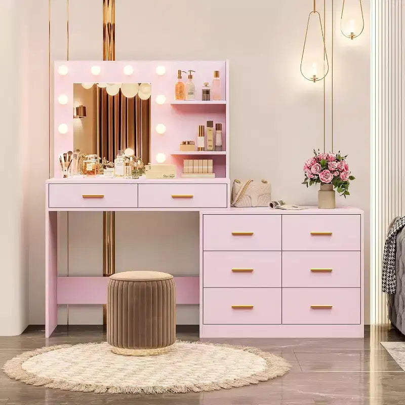 Toeletta Bianca / Nera / Rosa con Specchio e Luci, 8 Cassetti e 2 Ripiani, 3 Modalità di Illuminazione – 1 Persona