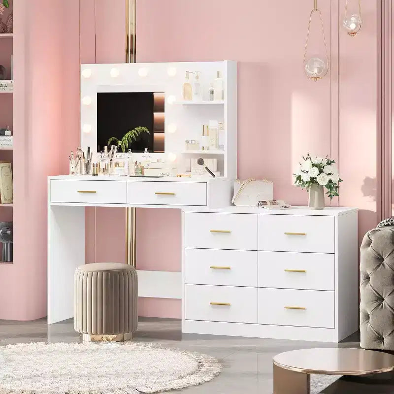 Toeletta Bianca / Nera / Rosa con Specchio e Luci, 8 Cassetti e 2 Ripiani, 3 Modalità di Illuminazione – 1 Persona