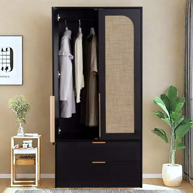 AEELLEEA 65 Black 2-Door Armoire Wardrobe with 2 Drawers: Rattan Accent & Magnetic Lock