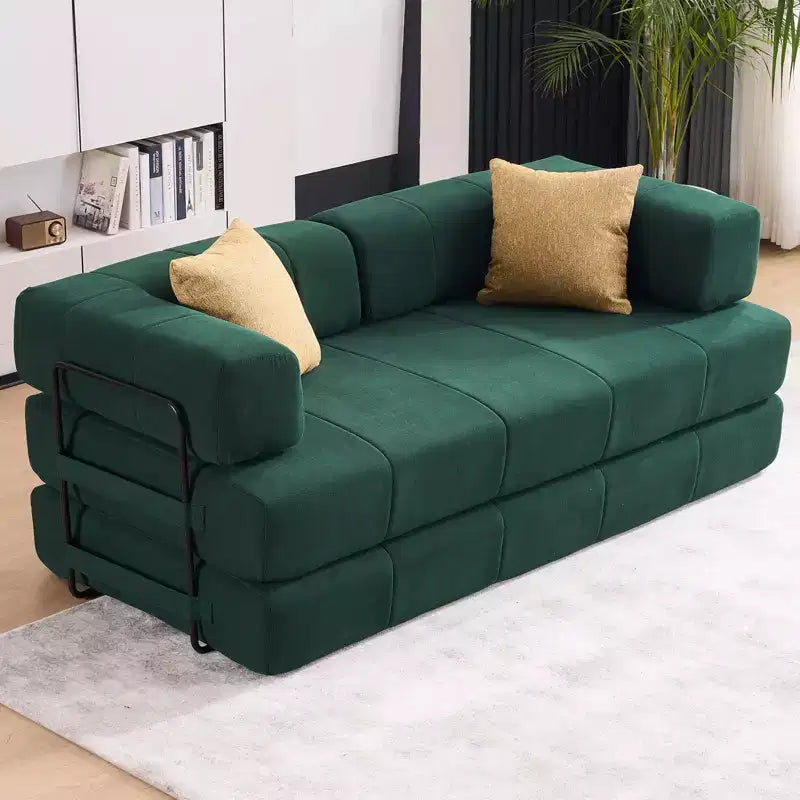 4-in-1 Convertible Sofa Bed, Corduroy Floor Couch Sleeper with 2 Pillows & Metal Arms, High-Density Foam Guest Bed, Green