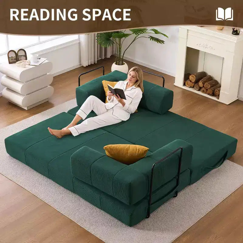 Divano Letto Convertibile 4-in-1 in Velluto a Coste Verde, 1 Posto