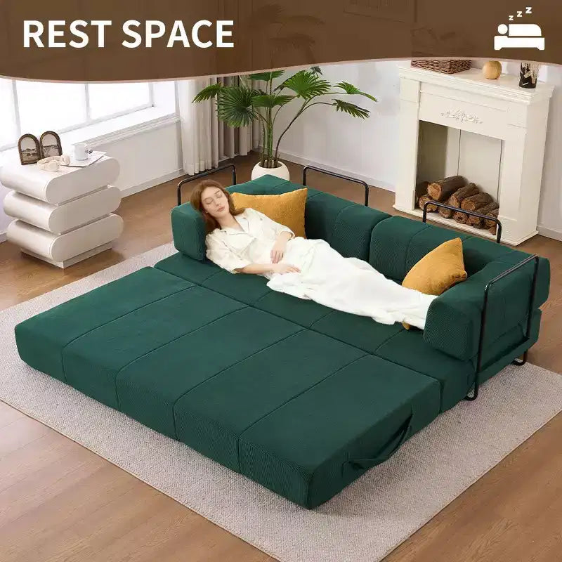 Divano Letto Convertibile 4-in-1 in Velluto a Coste Verde, 1 Posto
