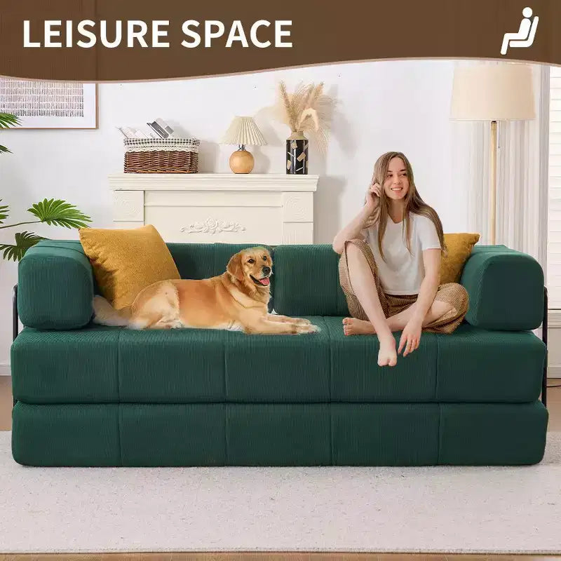 Divano Letto Convertibile 4-in-1 in Velluto a Coste Verde, 1 Posto