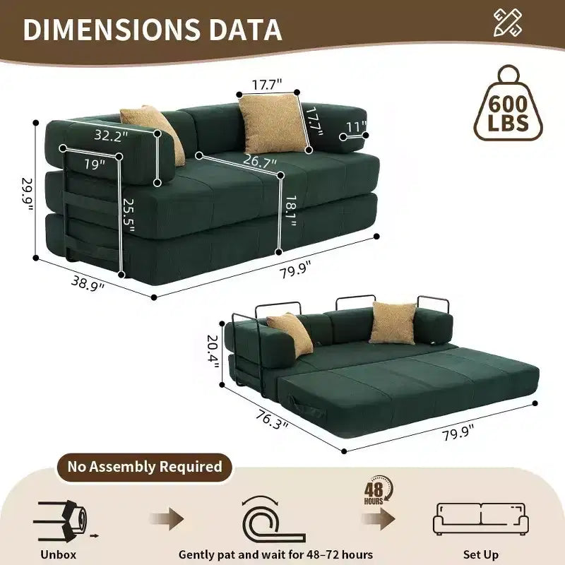 Divano Letto Convertibile 4-in-1 in Velluto a Coste Verde, 1 Posto