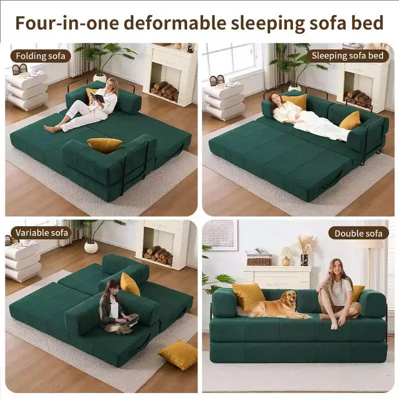 Divano Letto Convertibile 4-in-1 in Velluto a Coste Verde, 1 Posto