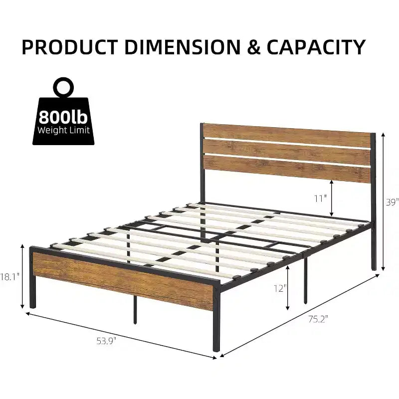Struttura letto a piattaforma in metallo marrone con testiera e pediera in legno, matrimoniale francese/matrimoniale, 1 persona