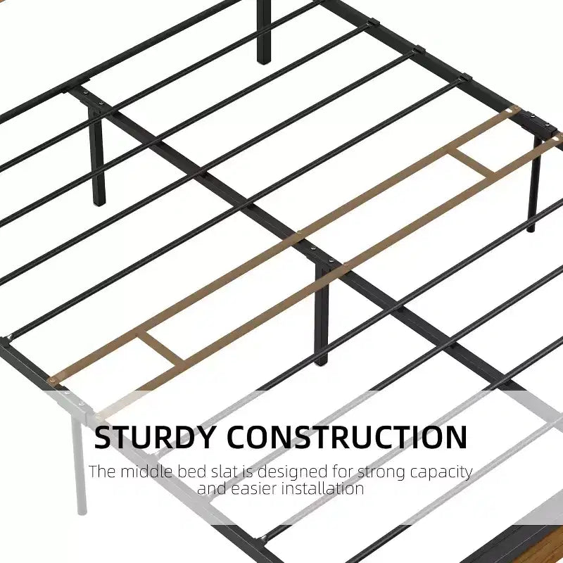 Struttura letto a piattaforma in metallo marrone con testiera e pediera in legno, matrimoniale francese/matrimoniale, 1 persona