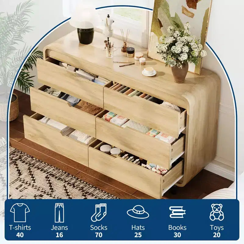Cassettiera a 6 cassetti, marrone/naturale, stile moderno senza maniglie, singola