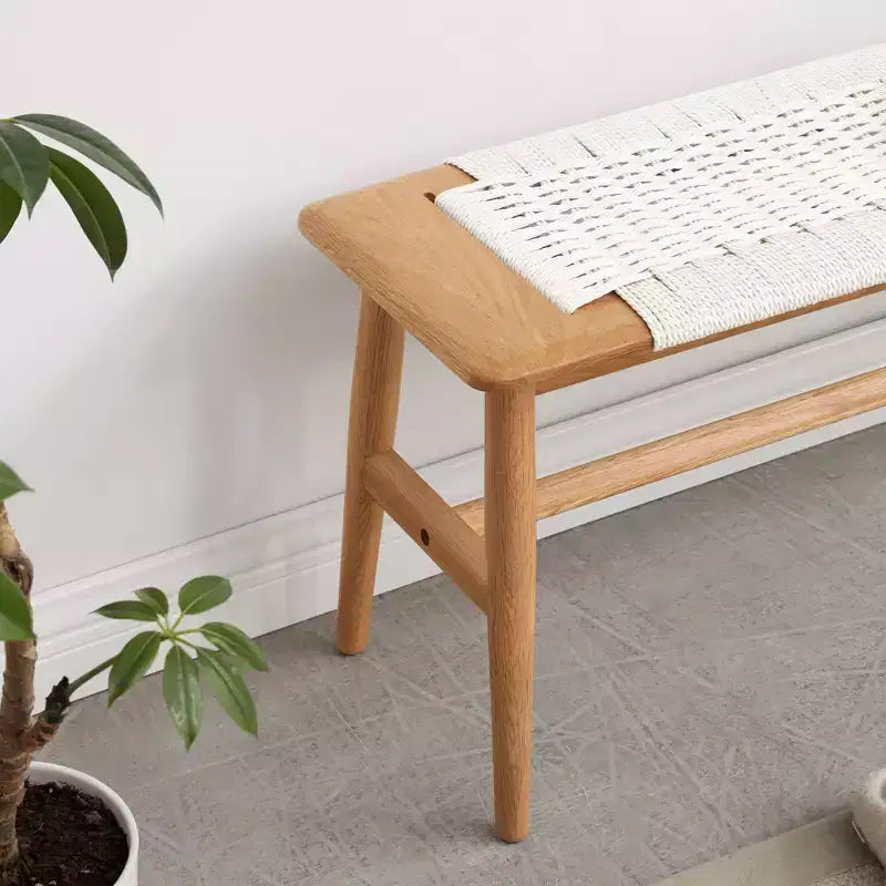 Panca in legno massello di rovere/bianco con seduta intrecciata, 2-3 posti