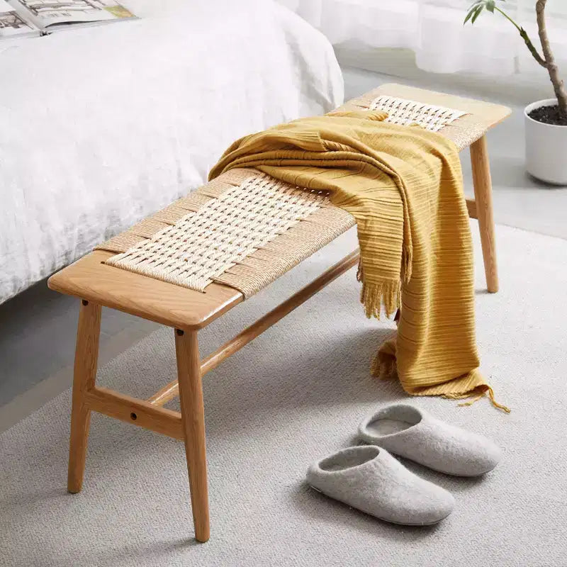 Panca in legno massello di rovere/bianco con seduta intrecciata, 2-3 posti