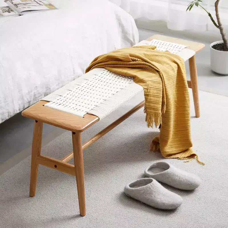Panca in legno massello di rovere/bianco con seduta intrecciata, 2-3 posti