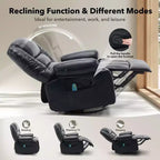 Poltrona reclinabile girevole dondolo in ciniglia nera/marrone e pelle PU con massaggio e riscaldamento, 360°, Posto singolo