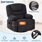 Poltrona reclinabile girevole dondolo in ciniglia nera/marrone e pelle PU con massaggio e riscaldamento, 360°, Posto singolo