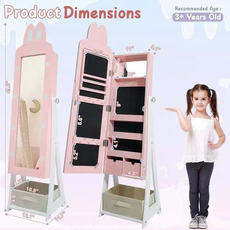 Portagioie/Armadietto per gioielli a forma di coniglio rosa con specchio, 1 anta e cassetto, per bambini