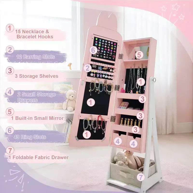 Portagioie/Armadietto per gioielli a forma di coniglio rosa con specchio, 1 anta e cassetto, per bambini