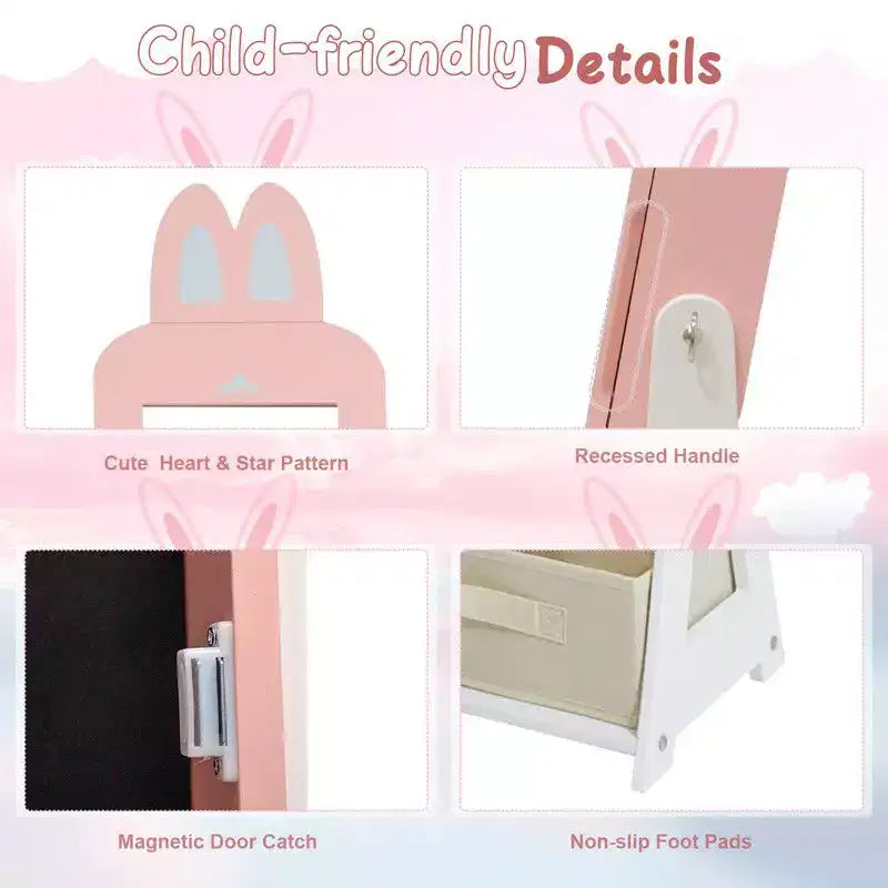 Portagioie/Armadietto per gioielli a forma di coniglio rosa con specchio, 1 anta e cassetto, per bambini