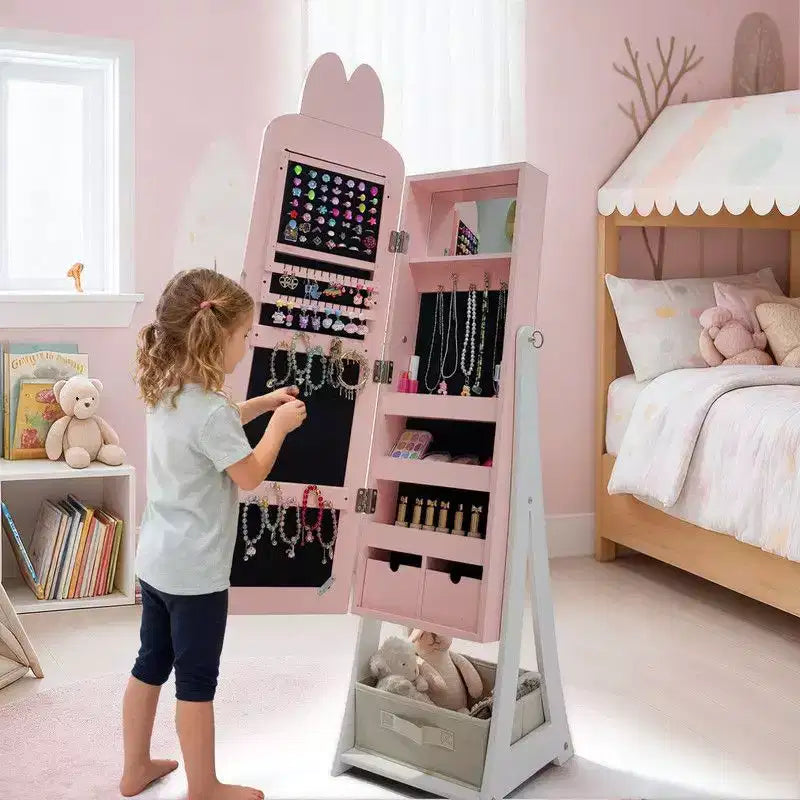 Portagioie/Armadietto per gioielli a forma di coniglio rosa con specchio, 1 anta e cassetto, per bambini