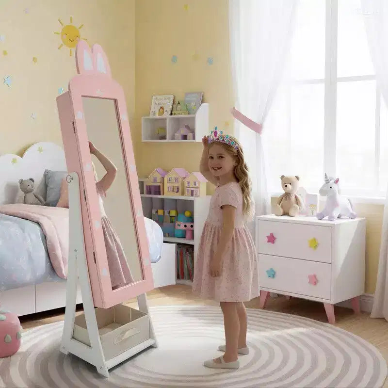 Portagioie/Armadietto per gioielli a forma di coniglio rosa con specchio, 1 anta e cassetto, per bambini