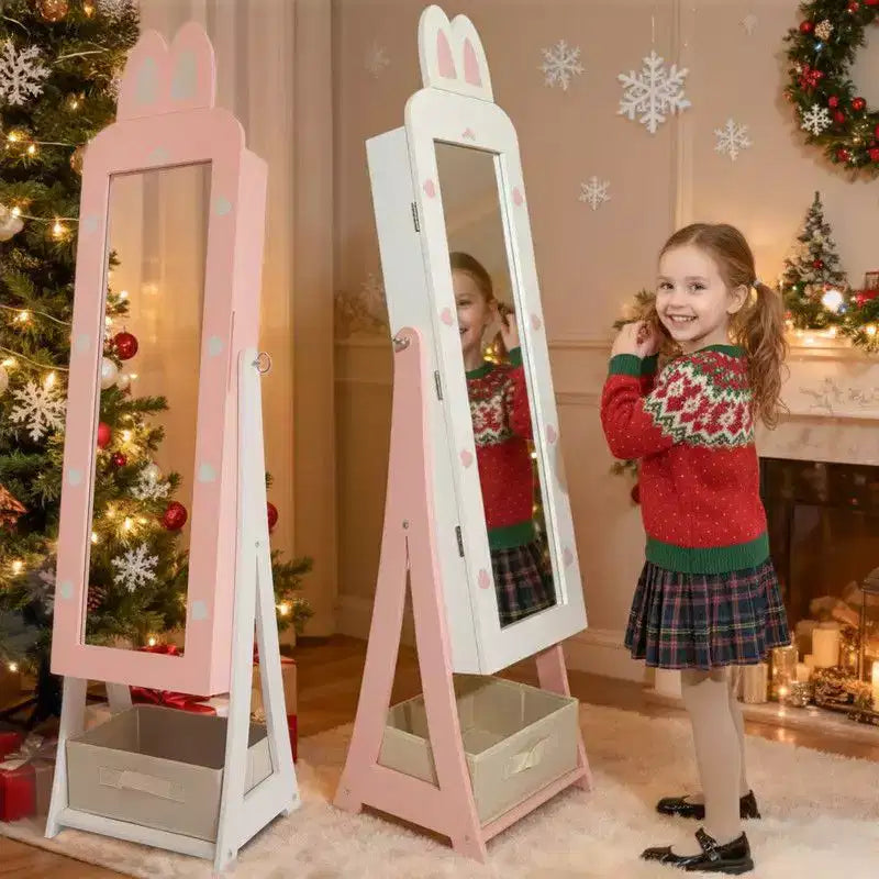 Portagioie/Armadietto per gioielli a forma di coniglio rosa con specchio, 1 anta e cassetto, per bambini