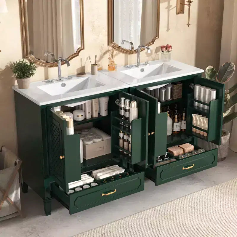 Mobile bagno con doppio lavabo da 150 cm, autoportante, per 2 persone – Nero / Verde scuro
