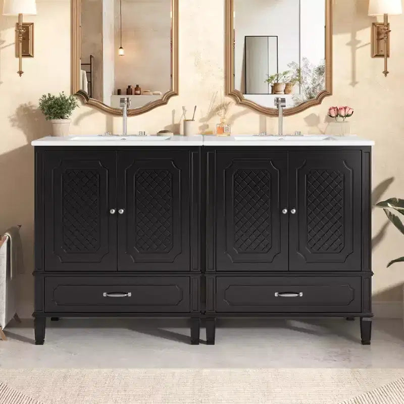 Mobile bagno con doppio lavabo da 150 cm, autoportante, per 2 persone – Nero / Verde scuro
