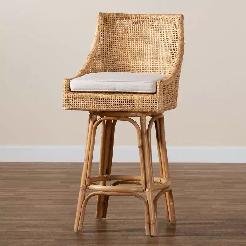 Sgabello da bar in rattan marrone/bianco naturale, stile bohémien, 1 posto