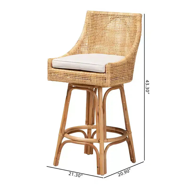 Sgabello da bar in rattan marrone/bianco naturale, stile bohémien, 1 posto