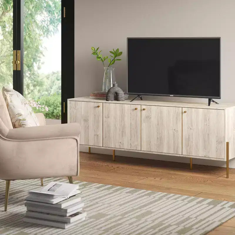 Mobile TV 4 ante effetto legno chiaro per TV fino a 60", ferramenta color oro