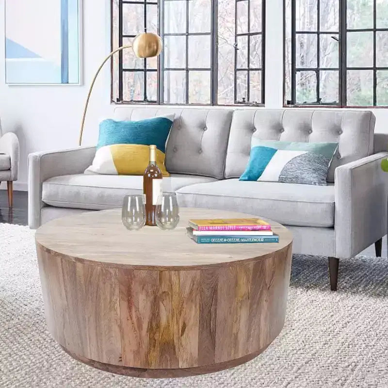 Tavolino da Caffè Rotondo da 42" – Naturale / Bianco, Legno di Mango