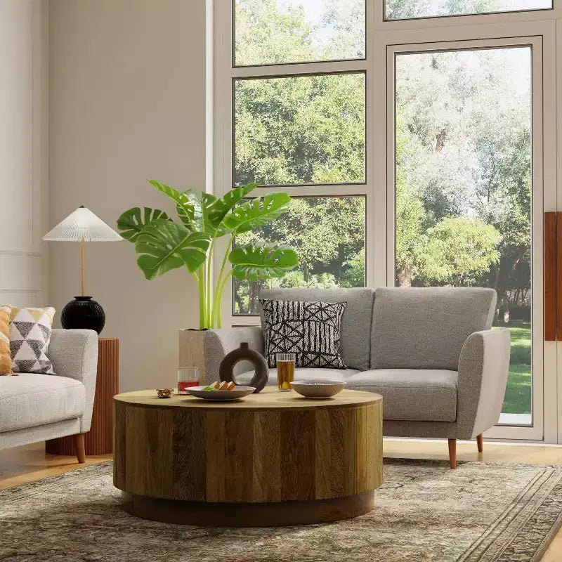 Tavolino da Caffè Rotondo da 42" – Naturale / Bianco, Legno di Mango