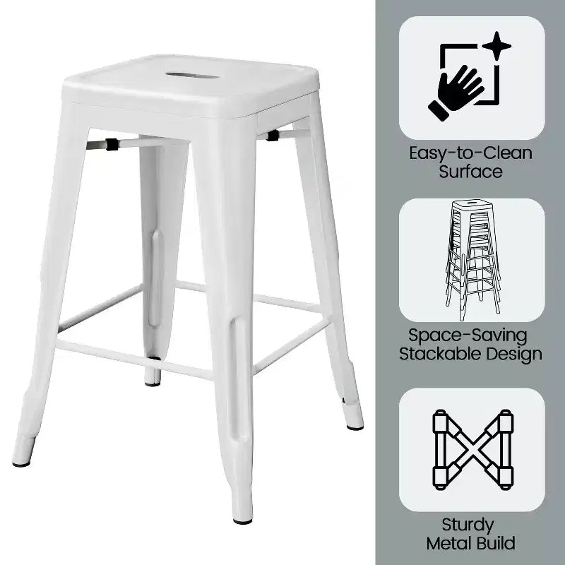 Sgabelli da Bar Senza Schienale Quadrati in Metallo Nero/Bianco, Set da 4 (Posti a sedere: 4)