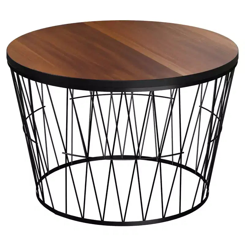 Tavolino rotondo marrone e nero – Base geometrica in metallo, stile moderno