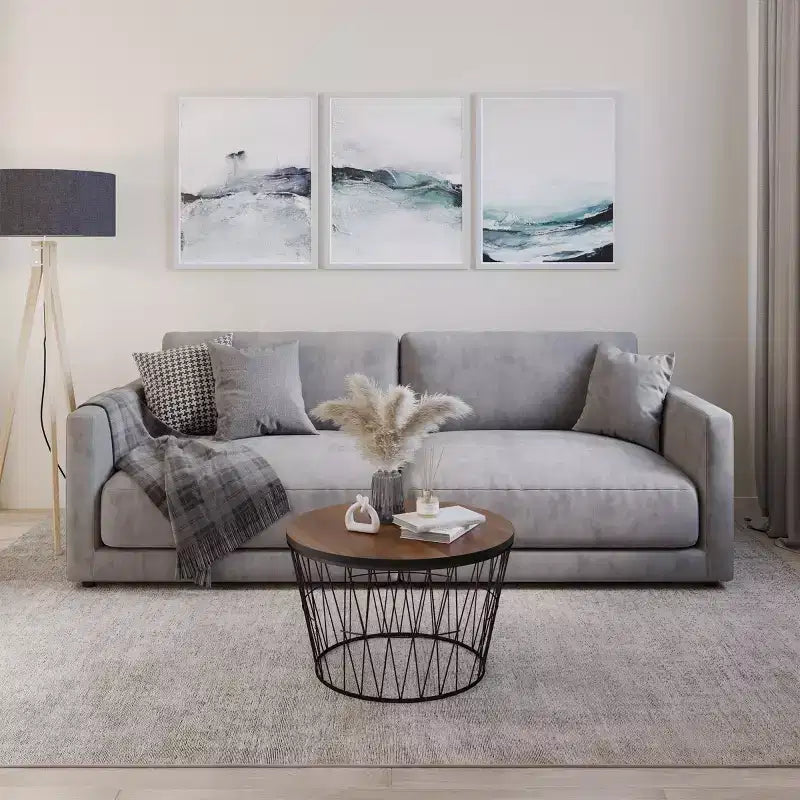 Tavolino rotondo marrone e nero – Base geometrica in metallo, stile moderno