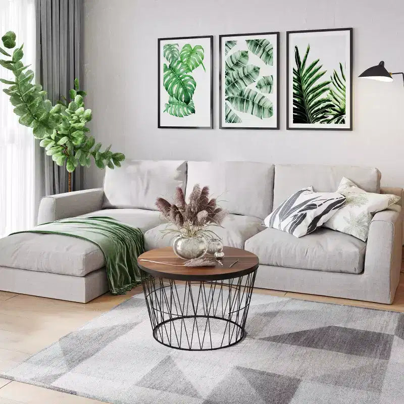 Tavolino rotondo marrone e nero – Base geometrica in metallo, stile moderno