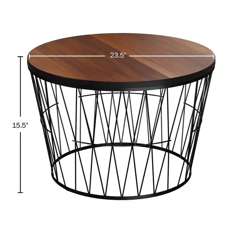 Tavolino rotondo marrone e nero – Base geometrica in metallo, stile moderno